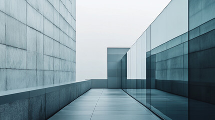 Obraz premium Modern architectural design with glass and concrete structures in foggy atmosphere