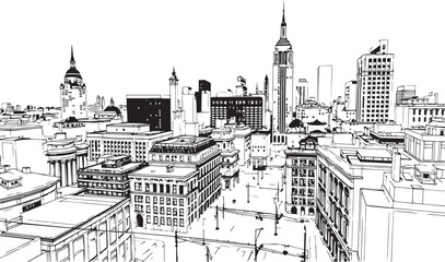 Fototapeta premium City landscape. Line urban backdrop. Different buildings on street, outline cityscape hand sketch, flat houses. Hand drawn vector illustration