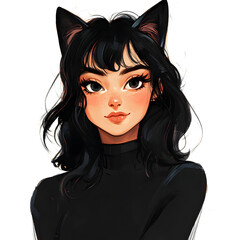 Stylish Illustration of a Girl with Cat Ears in Black Outfit

