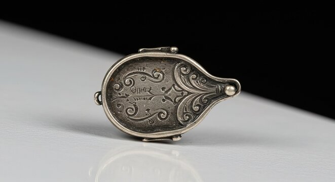 Closeup of an antique silver seal with intricate engraved floral patterns and markings. Its a small, teardropshaped piece of silverware, possibly a historical relic.