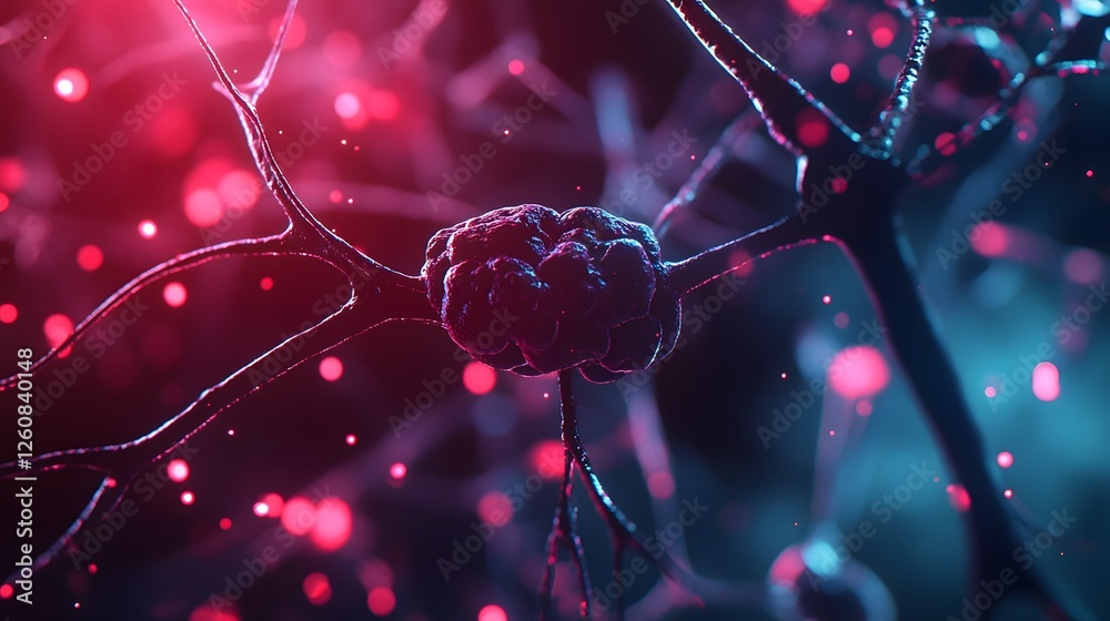 Poster Futuristic glowing neon neural network of interconnected synapses and neuron cells