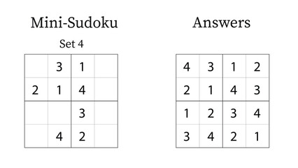 Mini Sudoku Puzzle 4x4 Set 4 for Kids Very Easy with Answers, Fun Brain Training Math Game for Kids, Vector