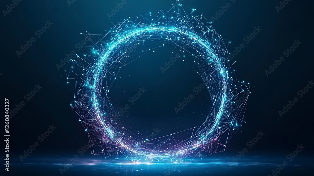 Poster a glowing blue circular frame of sparkling particles against a dark background, creating an ethereal