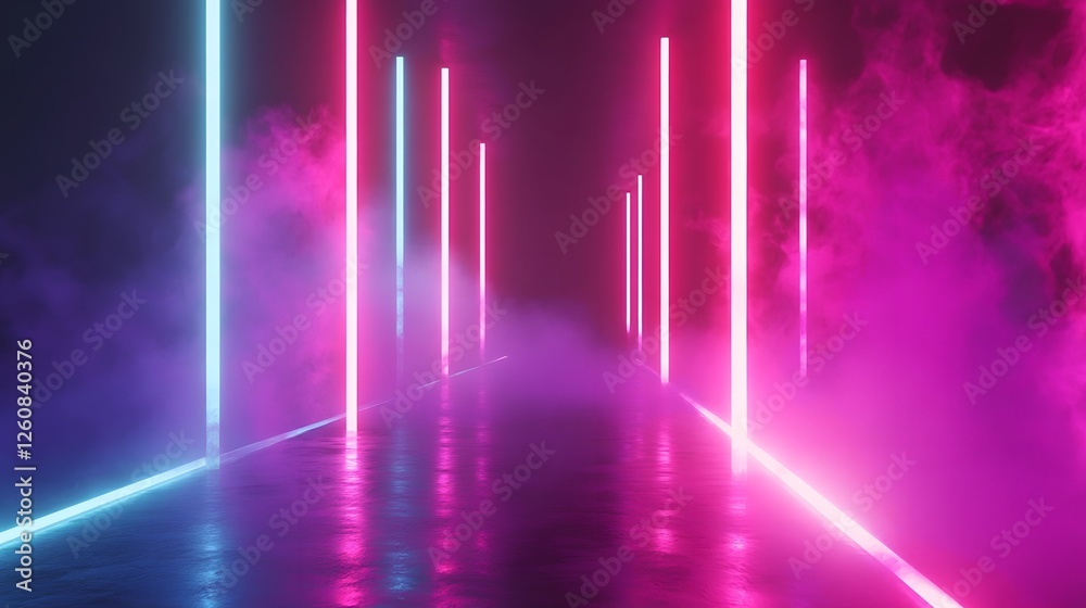 Poster futuristic neon glowing corridor with vibrant gradient lights and digital energy lines in a dark sur