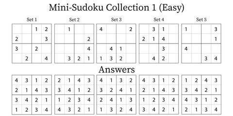 Mini Sudoku Puzzles 4x4 Collection 1 for Kids Very Easy with Answers, 5 Sets Fun Brain Training Math Game for Kids, Vector