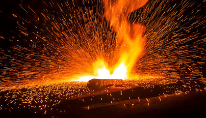 Dynamic image of intense sparks and flames erupting during metalworking.  Perfect for illustrating industrial processes, energy, power, or abstract concepts.