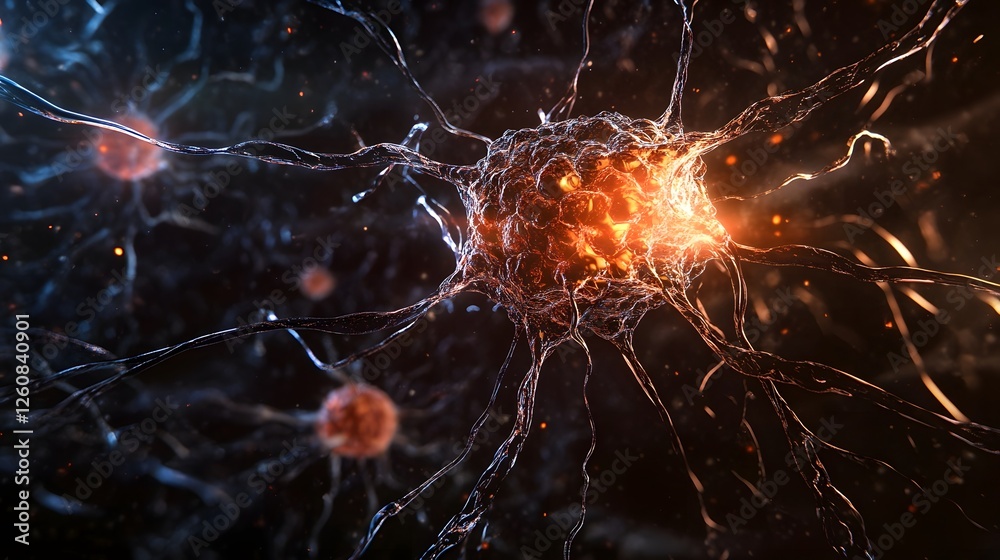 Poster Glowing and Bursting Neuron Cell with Dynamic and Interconnected Neural Network Abstract  Microscopic Biological Science and Technology Concept
