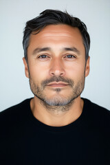Obraz premium Man with Calm Expression: A portrait of a man with dark hair and a short beard, looking directly at the camera with a calm and serious expression. His gaze is steady.