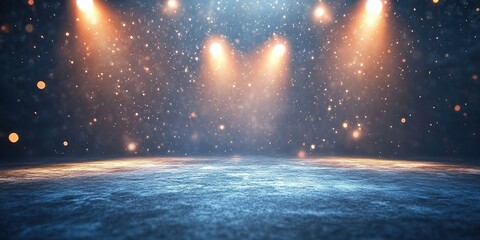 Spotlights shine on an empty stage creating a magical atmosphere filled with sparkling particles