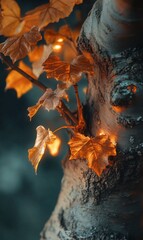 Glimmering autumn foliage clinging gently to the rugged bark of an aging tree trunk scene