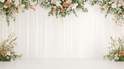 Fototapeta premium Elegant floral backdrop featuring greenery and soft pink roses against a light fabric, ideal for weddings and events.