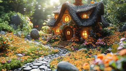 Fairy Tale Cottage in a Blooming Garden - obrazy, fototapety, plakaty