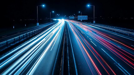 Night highway traffic light trails, urban background, transportation speed