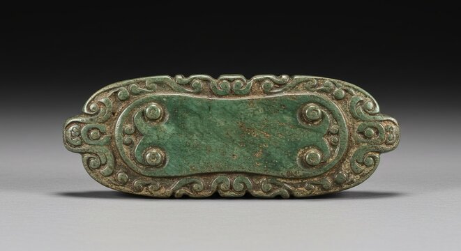 A green nephrite jade plaque intricately carved with scrollwork and circular motifs. The oval shape features a central panel bordered by elaborate detailing. Ancient Chinese artistry.
