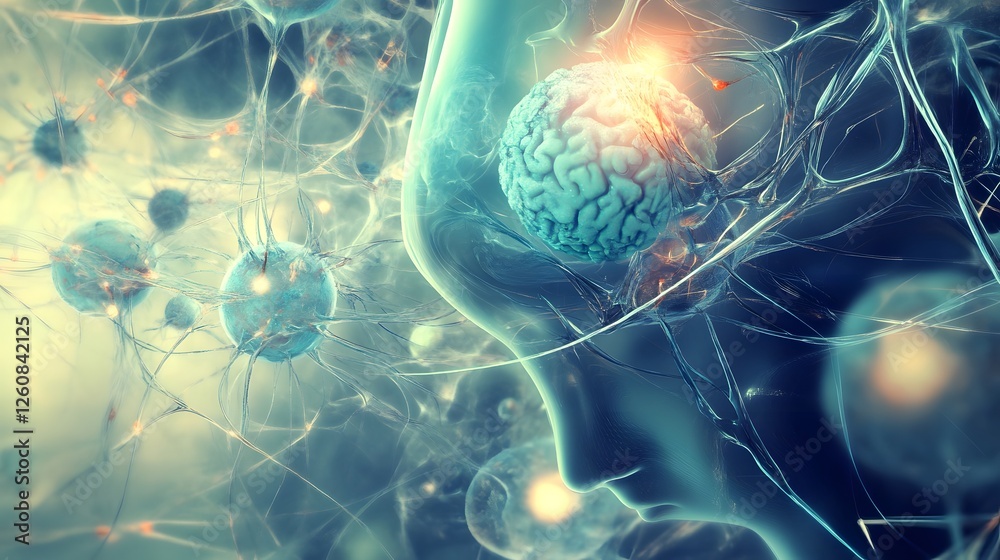 Poster Glowing blue digital representation of a complex neural network of neurons and synapses in the futuristic cerebral cortex of the human brain