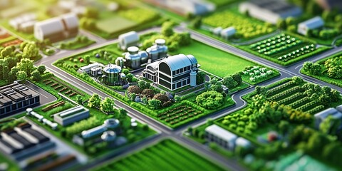 Urban agricultural development showcasing a modern farm with green fields and advanced facilities in a suburban area