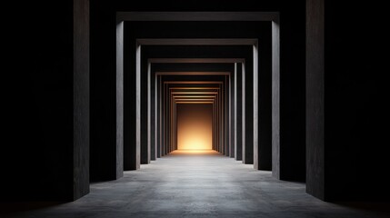 Fear of the Dark Concept, Dark Tunnel with Faintly Illuminated Light at the Far End Creating a Mysterious Atmosphere