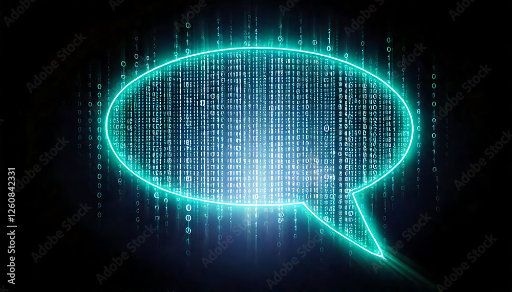 Poster stunning abstract image of a glowing teal speech bubble formed from binary code. perfect for illustr