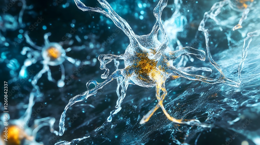 Poster Glowing blue neural cells and fibers representing the complex dynamic communication and connectivity within a neural network  The image depicts the intricate