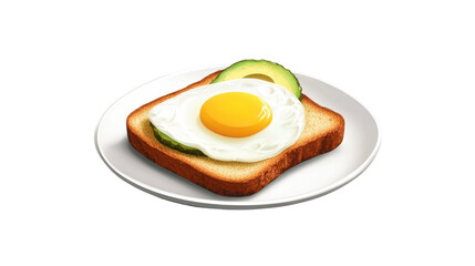 Delicious toast with fried egg and avocado slices on white plate with transparent background