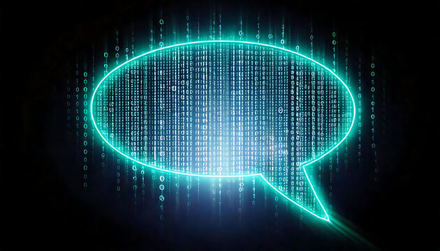 Stunning abstract image of a glowing teal speech bubble formed from binary code.  Perfect for illustrating digital communication, data processing, AI, or tech-related concepts.