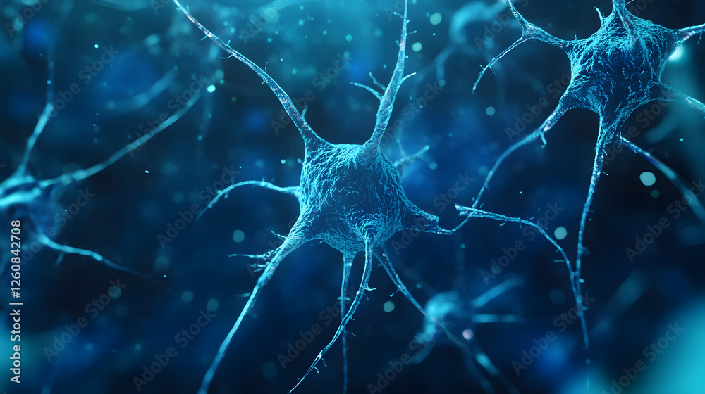 Fototapete Glowing Blue Neural Network Abstract Futuristic Science Technology Concept  Dynamic Neuropathway Connections and Communication in the Human Brain
