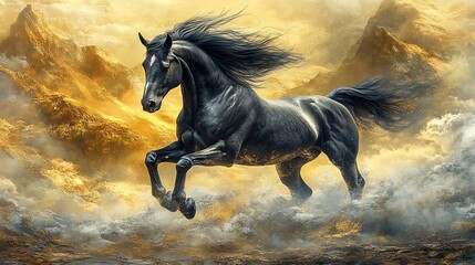 Majestic black stallion galloping, golden mountain backdrop, fantasy art, equine wallpaper