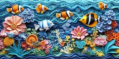 Naklejka premium Colorful coral reef teeming with various fish and vibrant sea life crafted from intricate materials