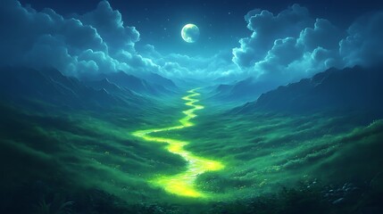 Fototapeta premium Glowing River Winds Through Moonlight Valley Mountains