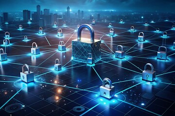 Ai powered data-security background Shielding Data Abstract Digital Background Futuristic of a digital lock encryption and data protection concept