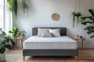 Modern bedroom with cozy bed and plants