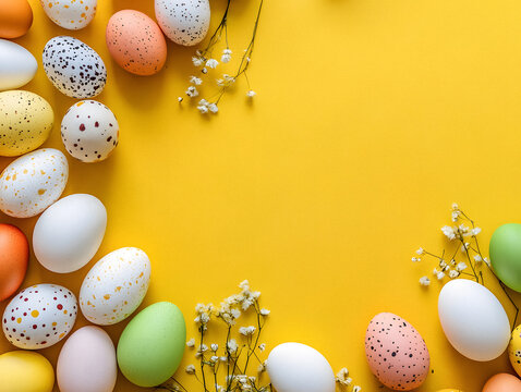 Uova di Pasqua colorate con decorazioni primaverili su sfondo giallo brillante, pronte per celebrare la Pasqua e la creativit&agrave;