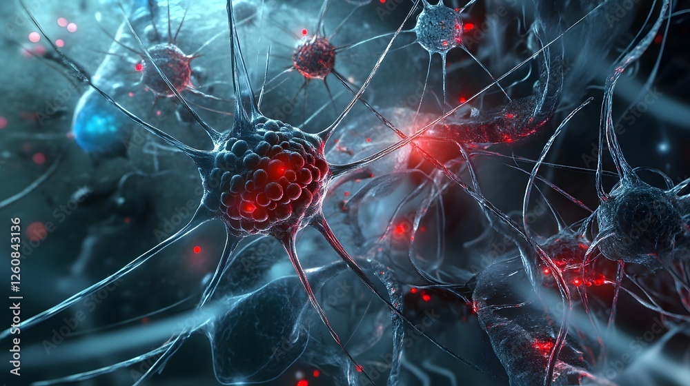 Poster glowing blue neural network with intricate red synaptic connections representing the complex communi