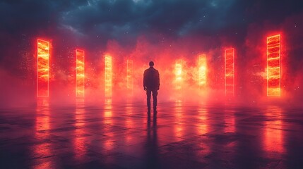 Fototapeta premium Mysterious figure in neon-lit futuristic space