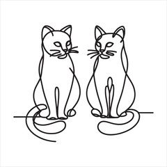 Single one line Two cats vector with continuous single one line art silhouette on white background
