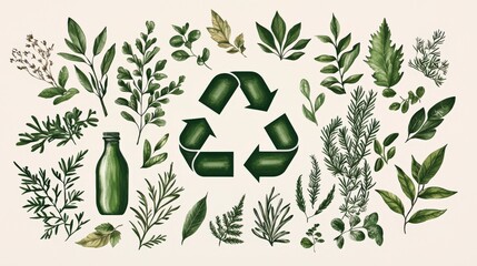 A collection of green leaves and a recycling symbol, representing sustainability and environmental awareness.