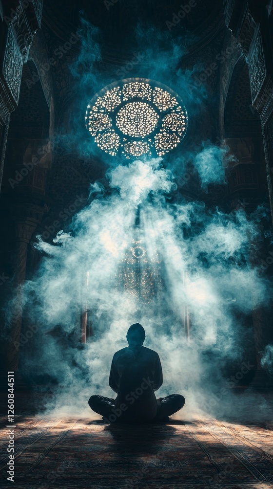 Poster under the soft glow of intricate ceiling lights, a silhouette of a man sits in deep meditation. smok