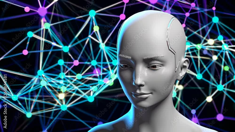 Poster exploring the intersection of artificial intelligence and human-like robotics in a futuristic digita