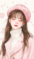 Stylish Illustration of a Girl Wearing a Pink Beret and Coat


