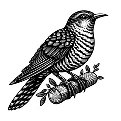 cuckoo bird with intricate feather patterns, perched on a branch, evoking a classic and vintage nature illustration style engraving generative ai sketch. PNG illustration