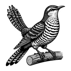 cuckoo bird with intricate feather patterns, perched on a branch, evoking a classic and vintage nature illustration style engraving generative ai sketch. PNG illustration