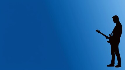 Expressive guitarist performing on a vibrant blue backdrop, captivating musical moment