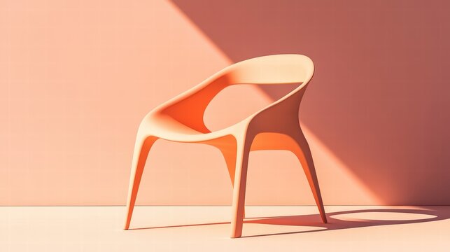 A matte plastic chair in a pale peach tone, with warm directional lighting that enhances its smooth, curved edges and casts a gentle shadow.