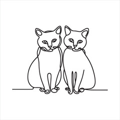 Single one line Two cats vector with continuous single one line art silhouette on white background
