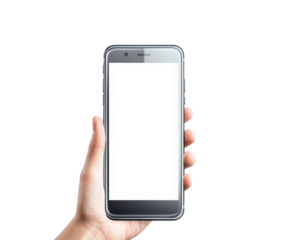 Smartphone display in hand tech showcase isolated on transparent background, png