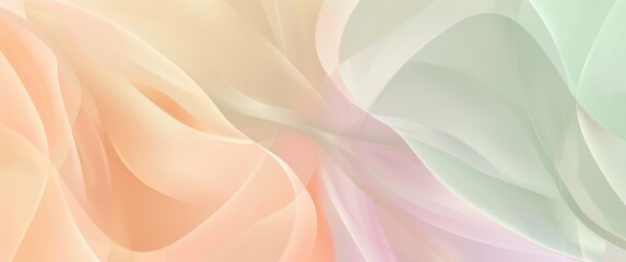 Obraz premium Elegant pastel background with overlapping shapes in muted peach, mint green, and soft violet hues with subtle light reflections.