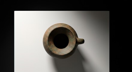 Overhead view of a dark bronzegreen ancient Greek style clay jug with a single handle, resting on a white surface against a black background. The light accentuates its texture.