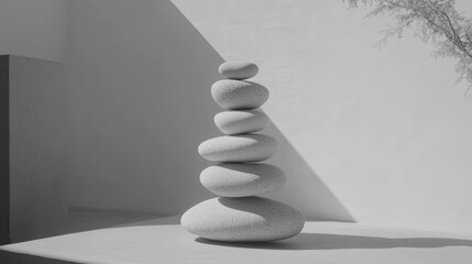 Fototapeta premium Stacked stones, balance, sunlight, minimalist interior
