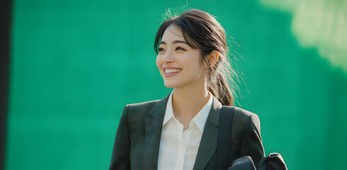 Smiling Businesswoman in Formal Attire Holding a Bag Outdoors

