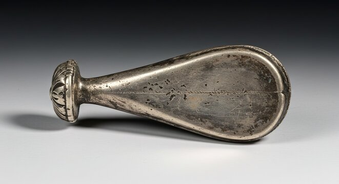 A weathered antique silver seal, teardropshaped with an ornate handle. Shows age and wear, featuring detailed engraving on its handle. A historical relic of impressive metalwork.